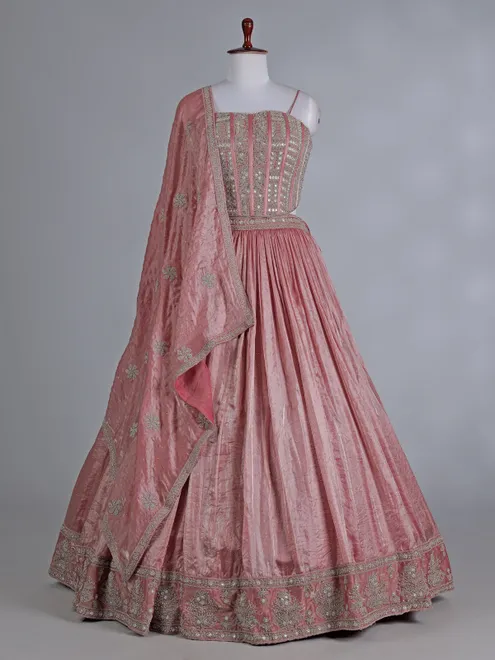 Peach silk bridal lehenga choli with sparkling stones