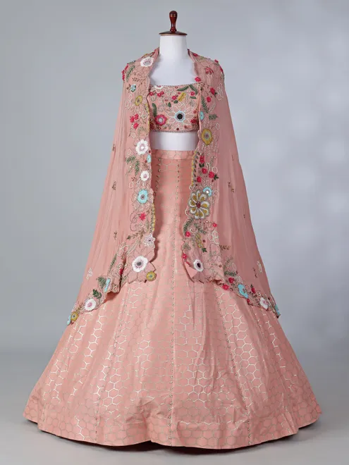 Peach silk designer lehenga choli with shrug