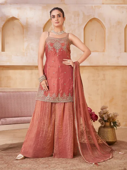 Peach silk embellished palazzo salwar suit