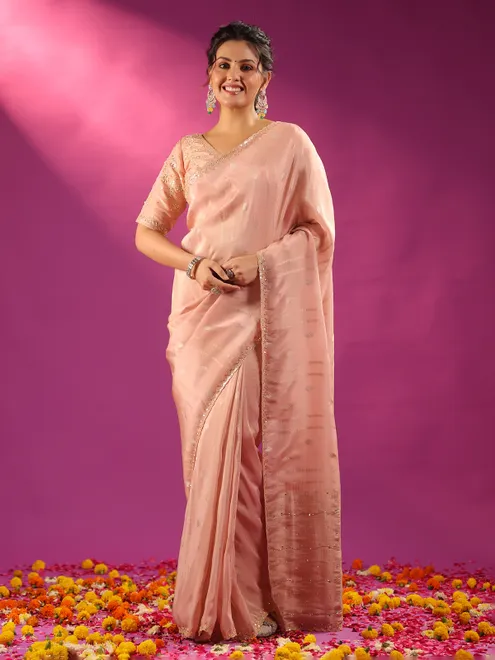 Peach silk festive wear saree for women with unstitched blouse