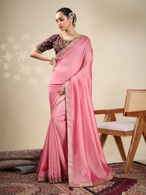 Peach silk festive wear saree with brown blouse