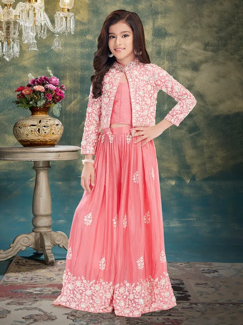 Peach silk jacket style embroidered palazzo suit