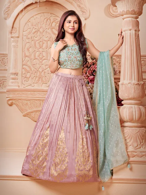 Peach silk lehenga choli for wedding wear for girls