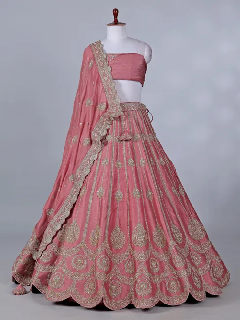 Peach silk lehenga choli resham and cutdana detailing