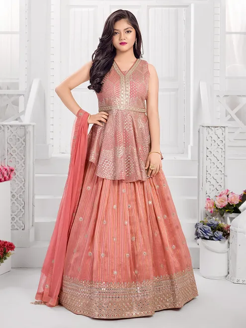 Peach silk lehenga choli with sequins and bead embroidery