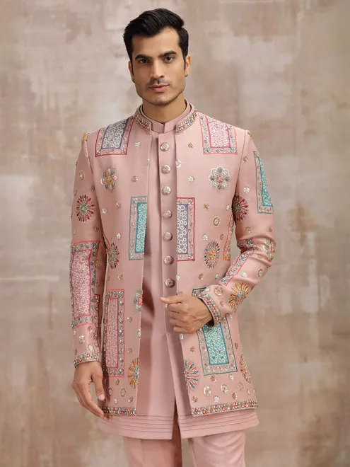 Peach silk men indowestern set for wedding
