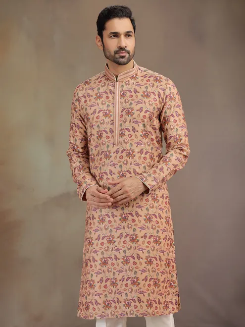 Peach silk men kurta suit with print