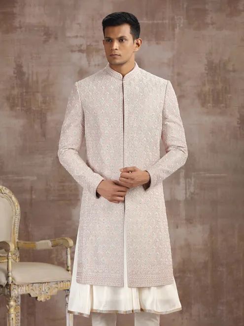 Peach silk peshwai sherwani with graceful accents