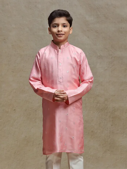 Peach silk printed kurta set for festival wear