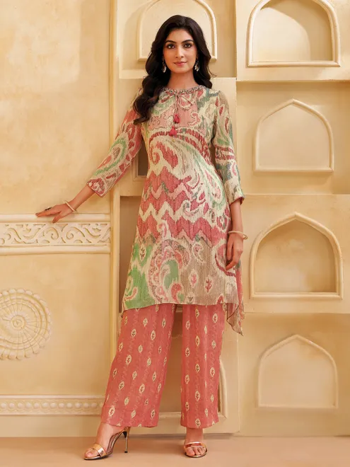 Peach silk printed salwar suit with keyhole neckline