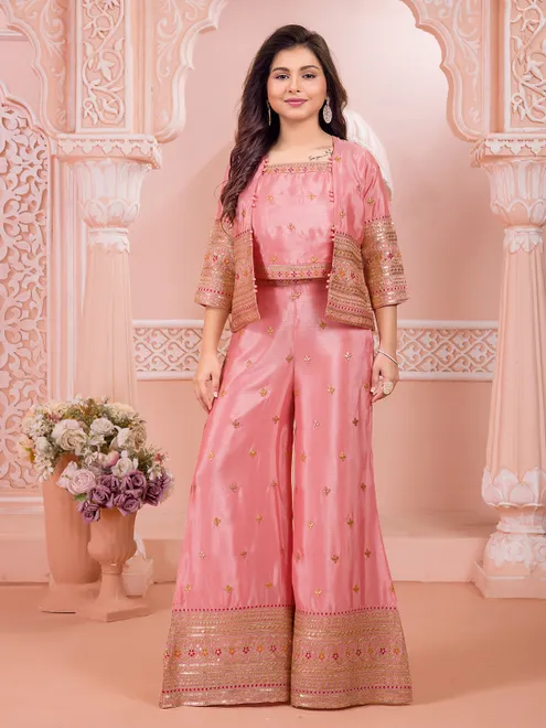 Peach silk resham work jacket style palazzo suit