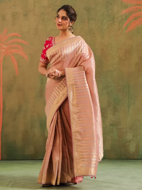 Peach silk saree with red blouse