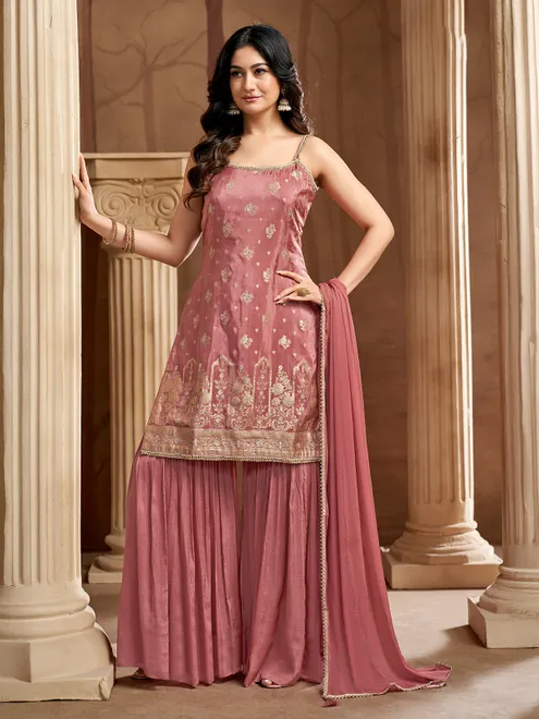 Peach silk sharara suit with cutdana detailing