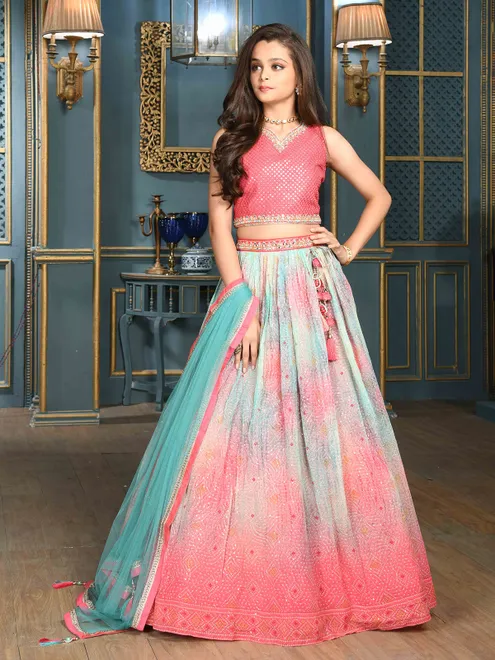 Peach silk sleeveless lehenga choli with dupatta