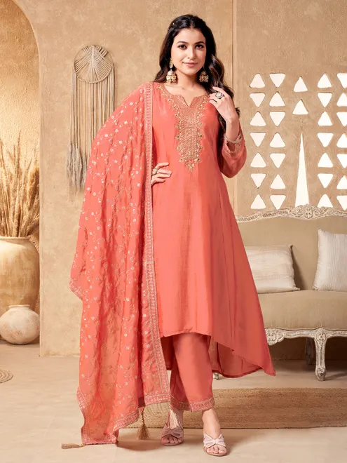 Peach silk sweetheart neck festive salwar suit