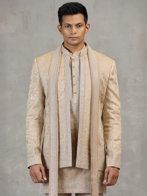 Peach silk wedding wear Indowestern set with embroidery