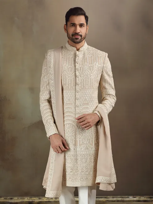 Peach silk wedding wear sherwani with dupatta for mens
