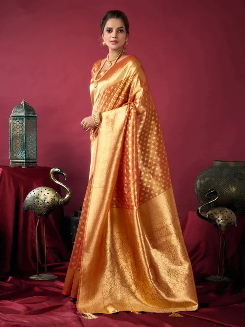 Peach silk zari worked saree for festival
