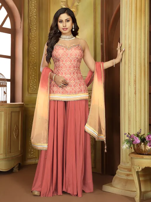 Peach sleeveless silk palazzo suit