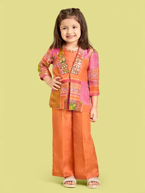 Peach slk salwar suit wth printed jacket