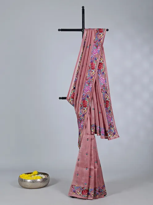 Peach tissue saree with printed birds