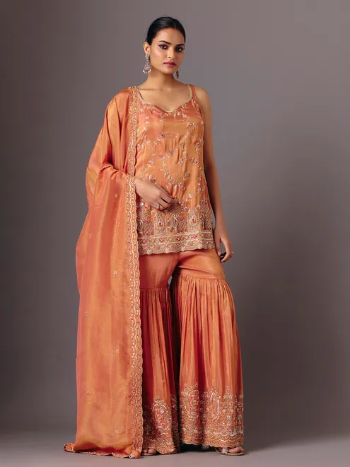 Peach tissue shimmer sleeveless elegant sharara suit