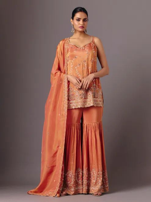 Peach tissue shimmer sleeveless elegant sharara suit