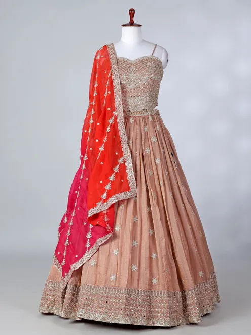 Peach tissue silk designer sleeveless lehenga choli