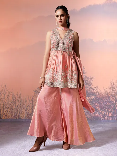 Peach tissue silk embroidered work palazzo suit