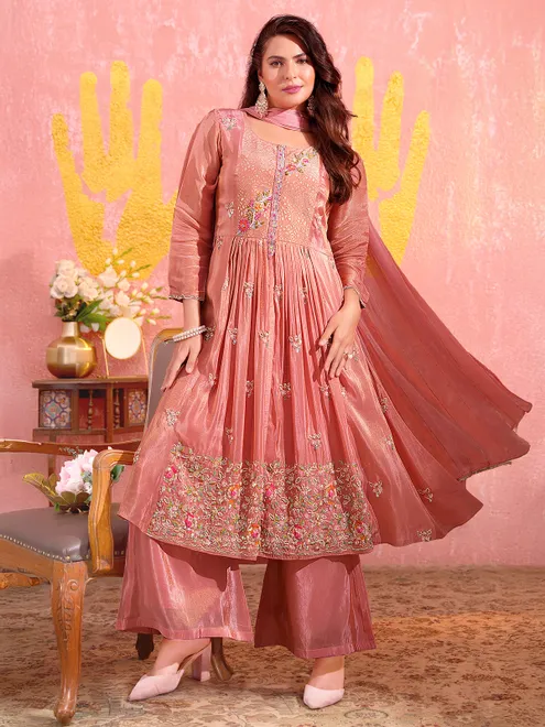 Peach tissue silk pakistani palazzo suit with cutdana accents