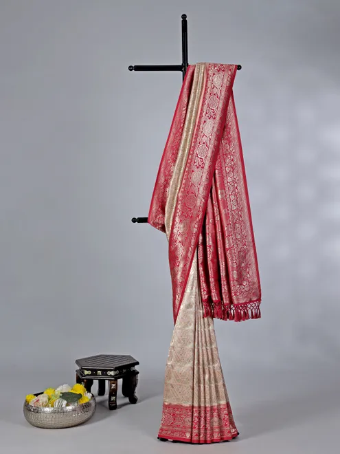 Peach tissue silk saree with contrast border
