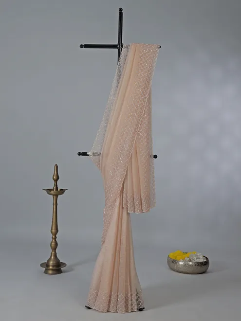 Peach tissue silk saree with diamond work