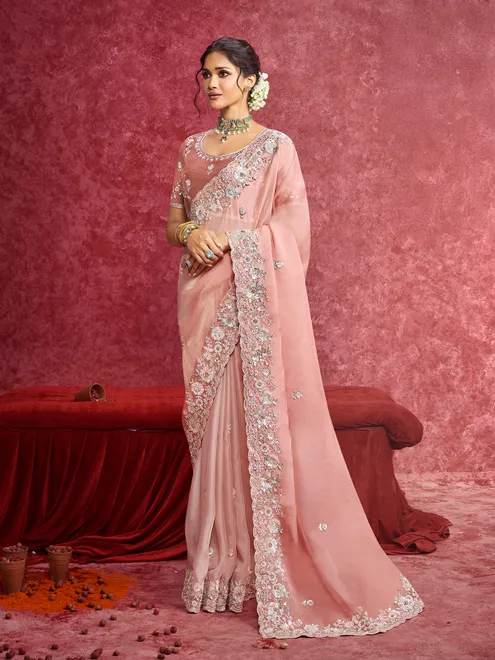 Peach tissue silk saree with resham work