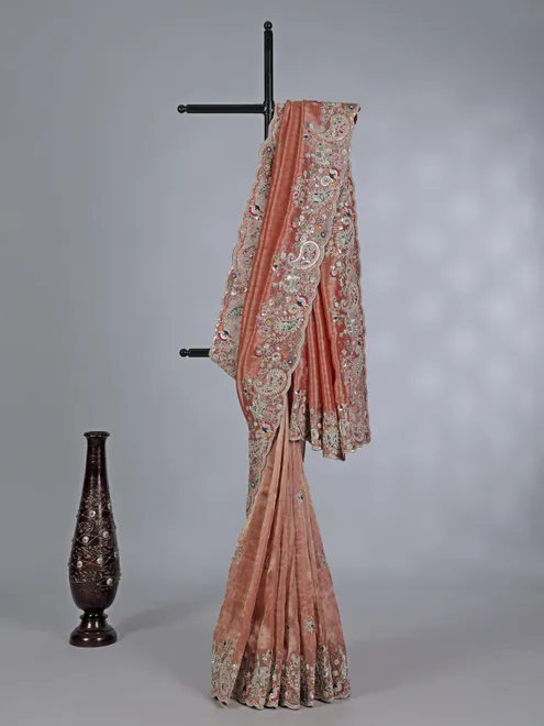 Peach tissue silk saree with zardosi and bead embellishments