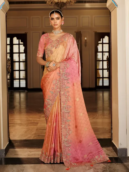Peach wedding wear silk saree in shaded pattern