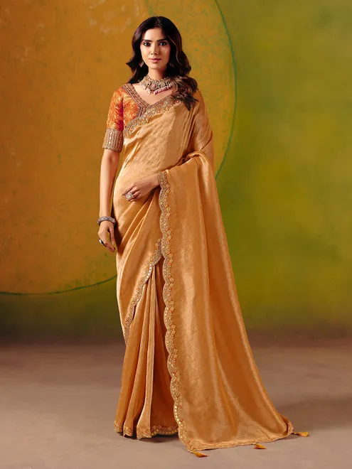 Peach zari silk saree with readymade blouse