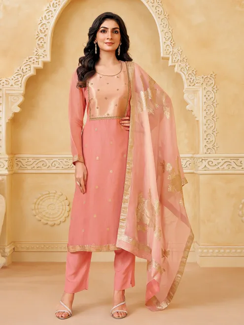 Peach zari worked chiffon salwar suit with dupatta