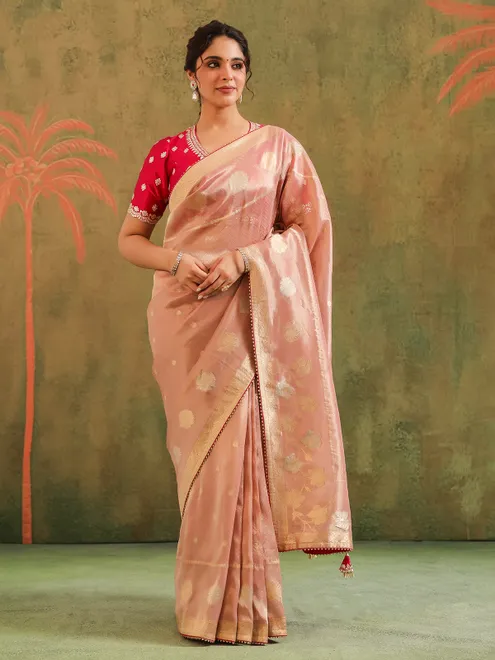 Peach zari worked silk saree wedding collection
