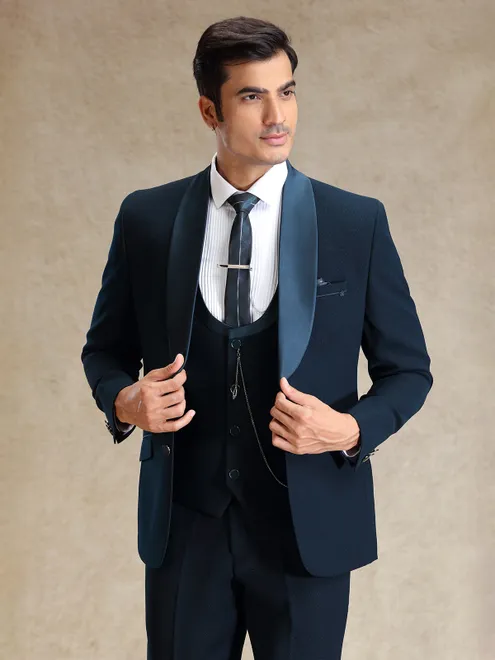 Peacock blue 5 pcs polyster coat suit
