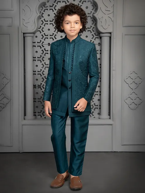 Peacock blue royal raw silk indo western for boys