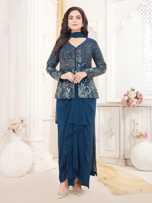 Peacock blue satin silk indowestern suit for women