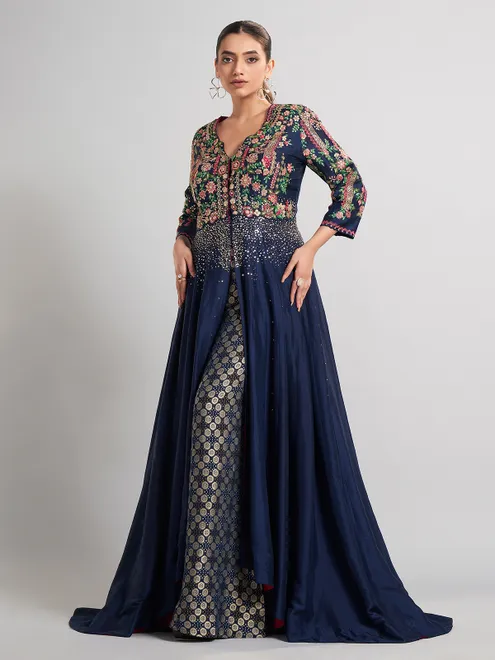 Peacock blue silk anarkali palazzo suit