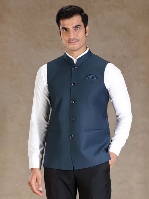 Peacock blue silk waistcoat only for men