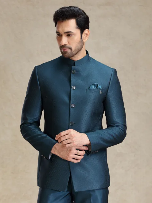 Peacock blue textured jodhpuri set