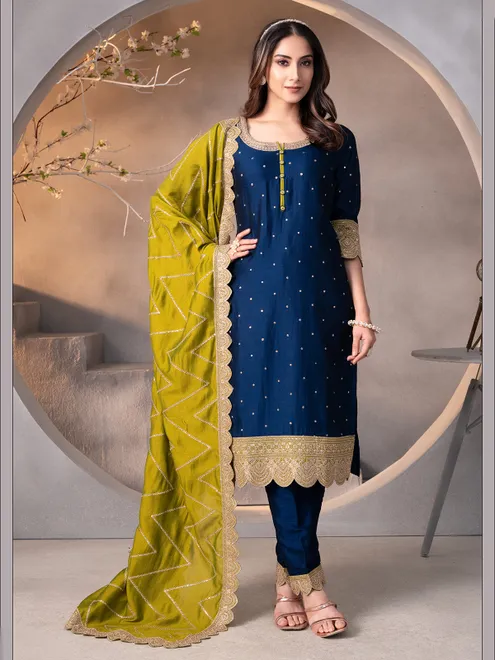 Peacock blue thread work silk salwar suit