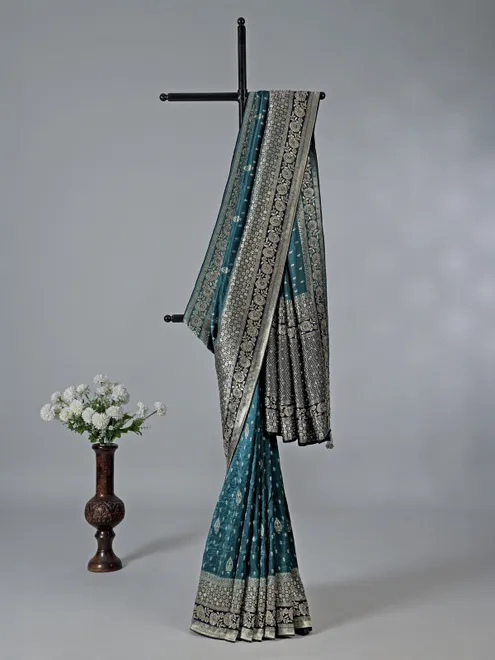 Peacock green dola silk zardosi work saree
