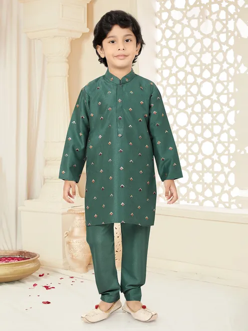 Peacock green embroidered cotton silk festive kurta suit