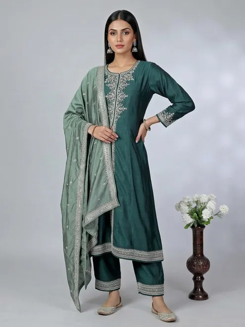 Peacock green silk embroidered palazzo suit with dupatta