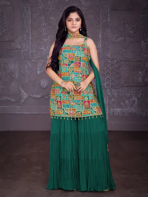 Peacock green silk sharara suit with diamond detailing