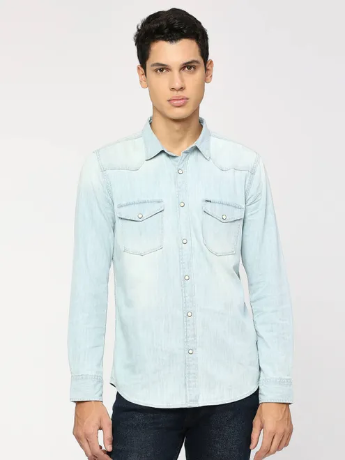 PEPE washed ice blue casual denim shirt